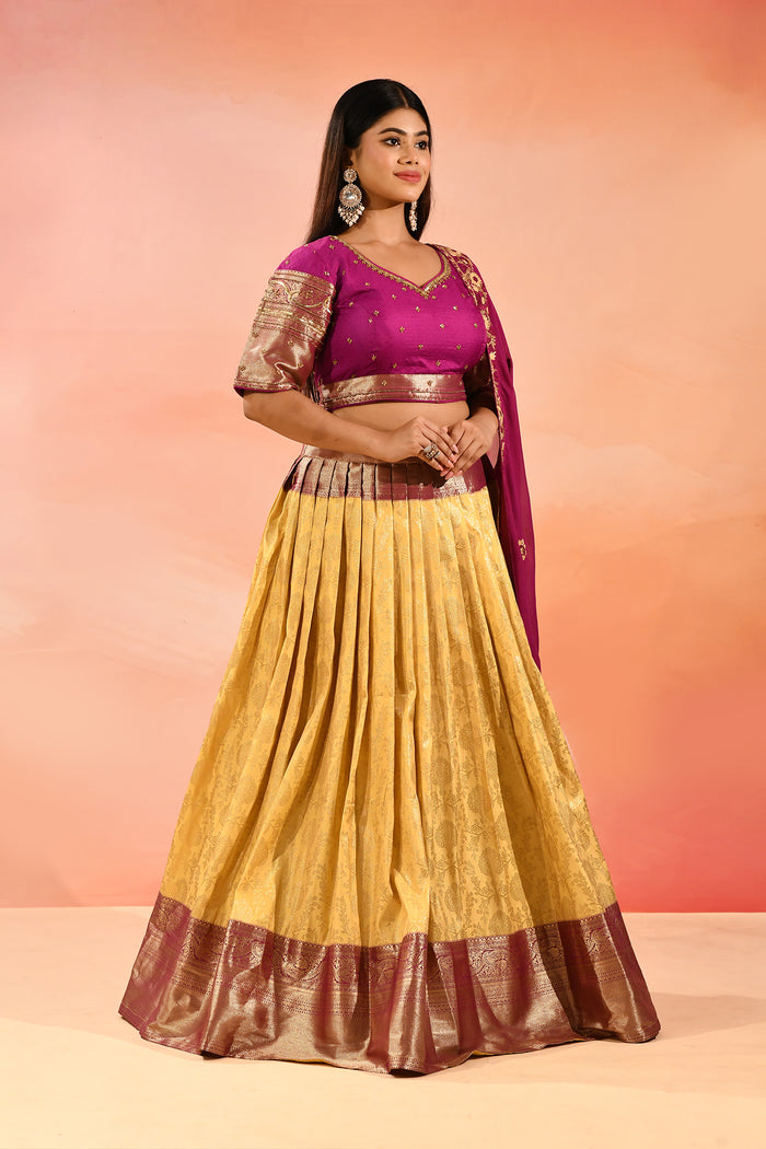 Gold Banarasi Silk Lehenga With Purple Embroidered Border Dupatta