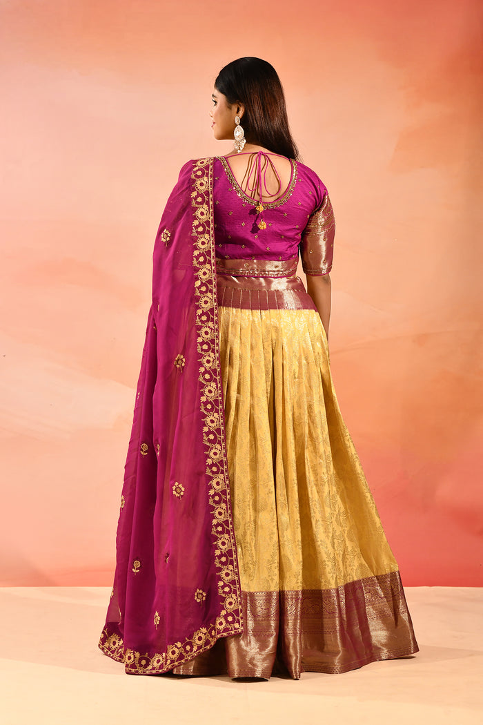 Gold Banarasi Silk Lehenga With Purple Embroidered Border Dupatta