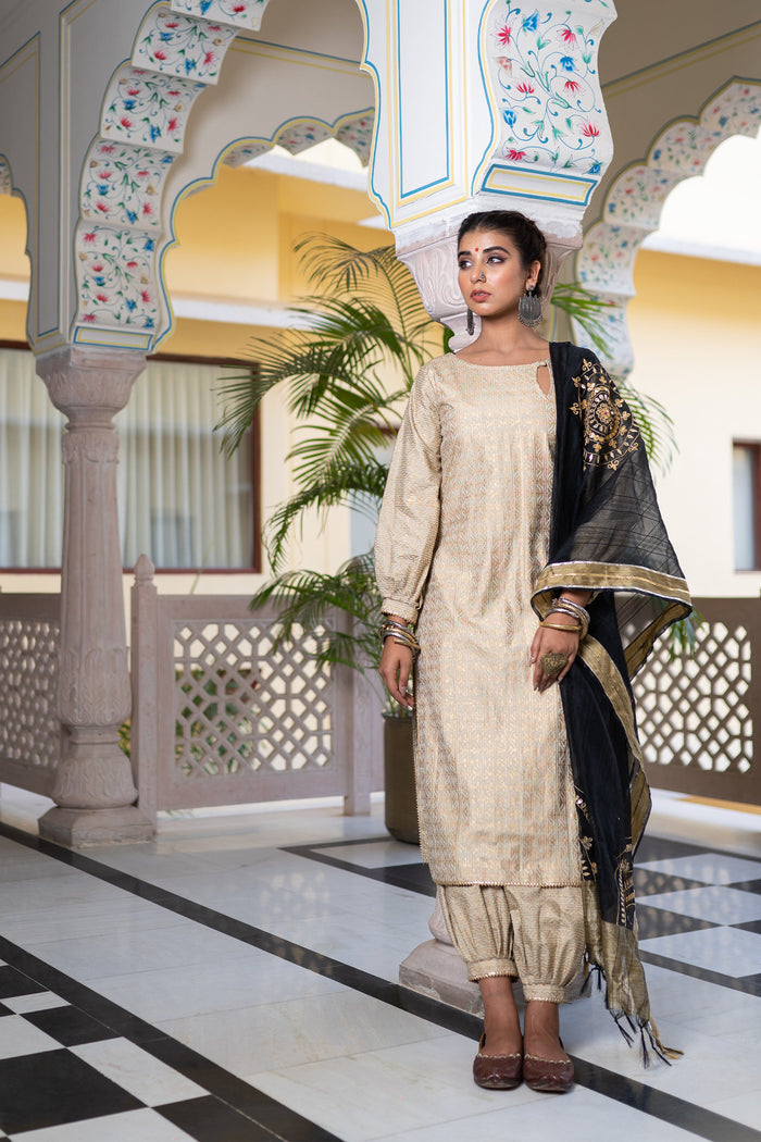 <img> Gold Black Cotton Suit Hand Blocked In Antique Gold