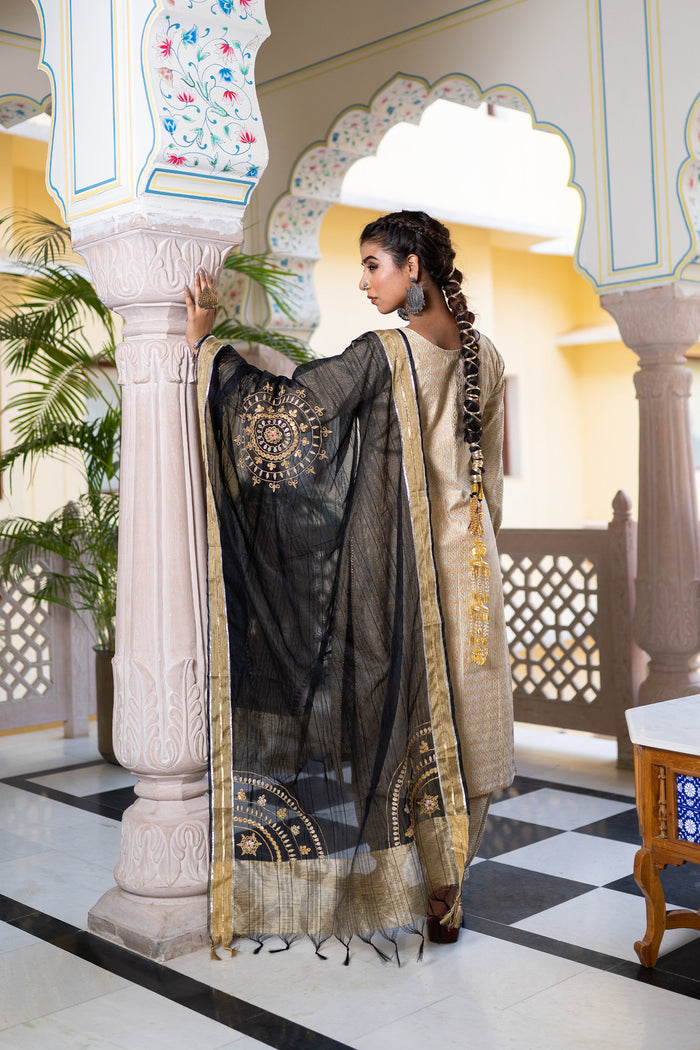 <img> Gold Black Cotton Suit Hand Blocked In Antique Gold