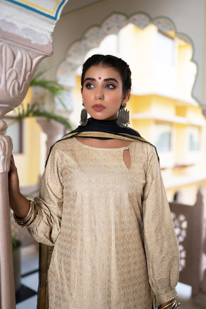 <img> Gold Black Cotton Suit Hand Blocked In Antique Gold
