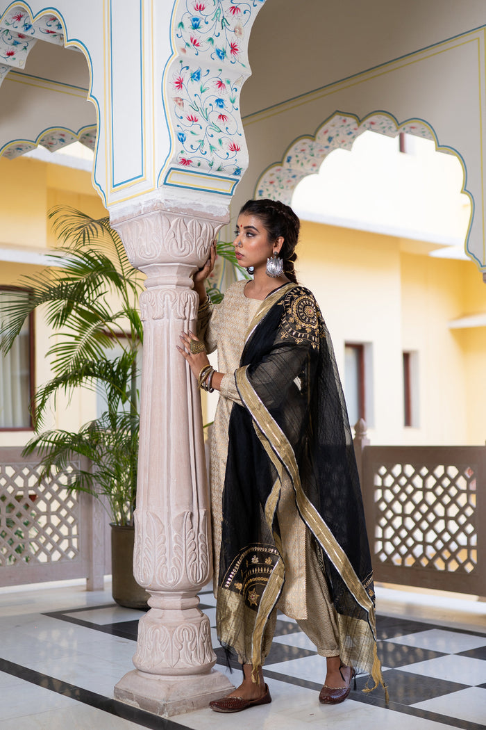 <img> Gold Black Cotton Suit Hand Blocked In Antique Gold