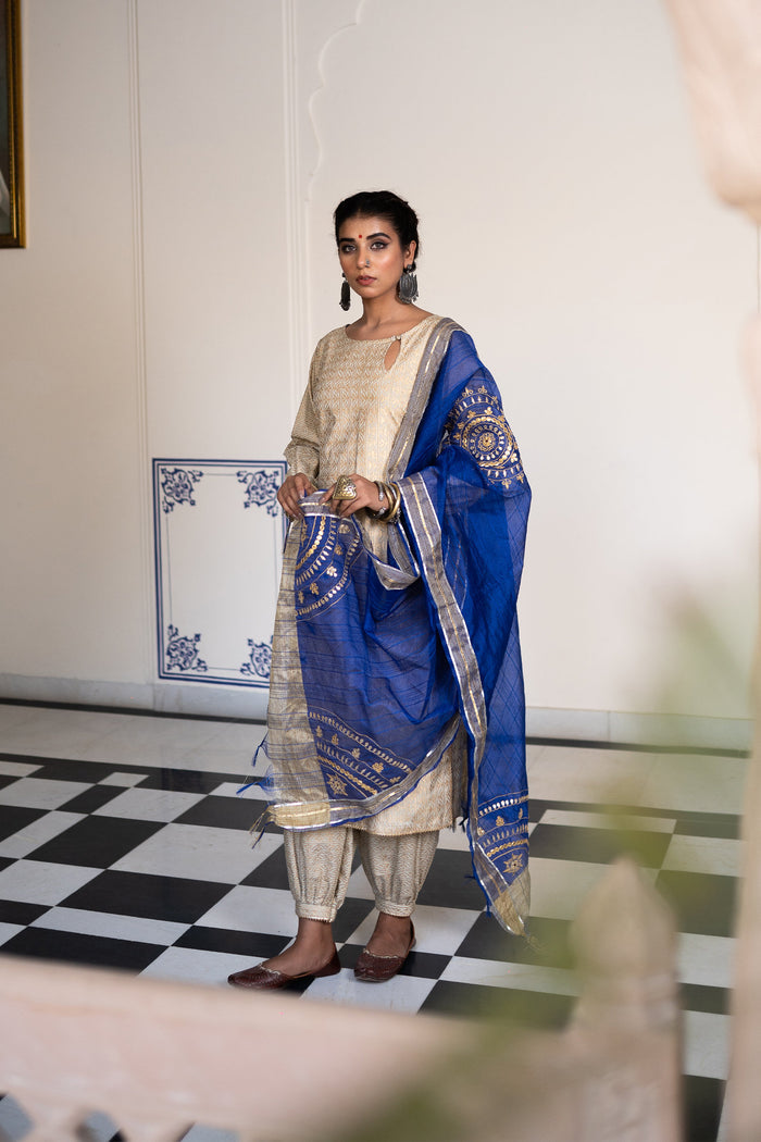 <img> Gold Black Cotton Suit Hand Blocked In Antique Gold