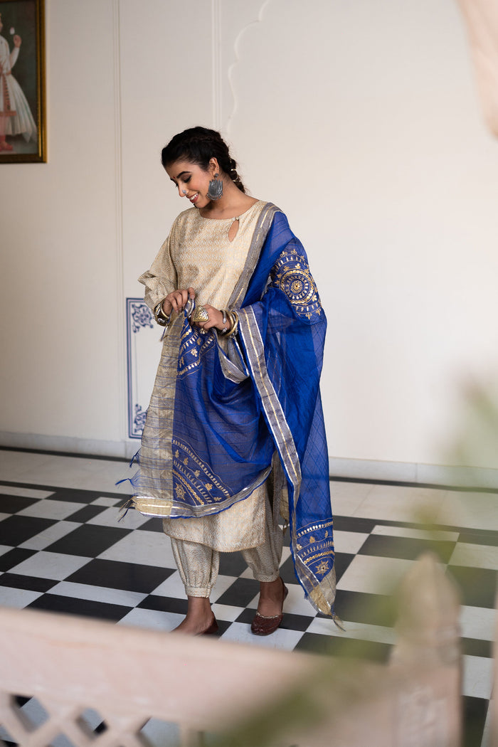 <img> Gold Black Cotton Suit Hand Blocked In Antique Gold