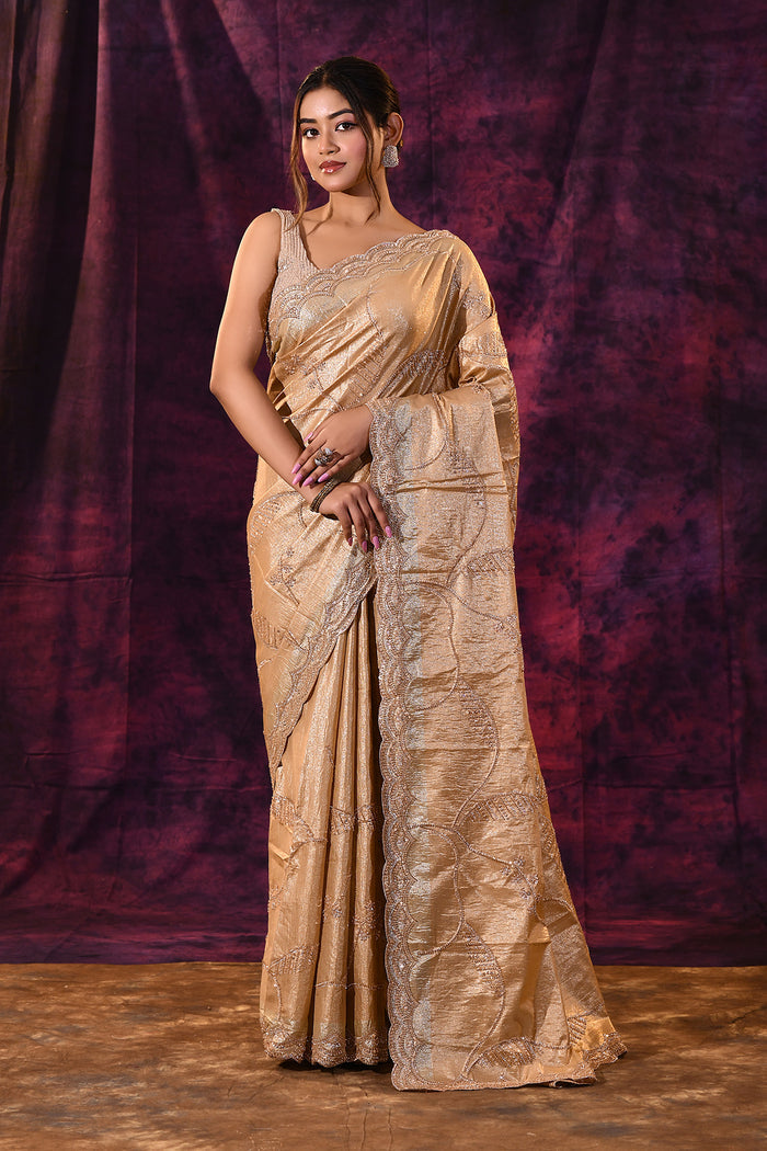 Gold Saree With All-Over Tikki Work And Scalloped Geometric Border