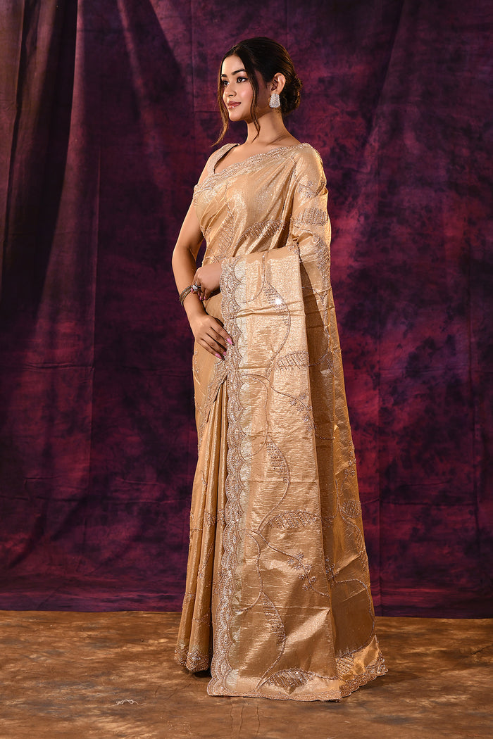 Gold Saree With All-Over Tikki Work And Scalloped Geometric Border