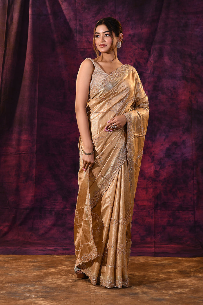 Gold Saree With All-Over Tikki Work And Scalloped Geometric Border