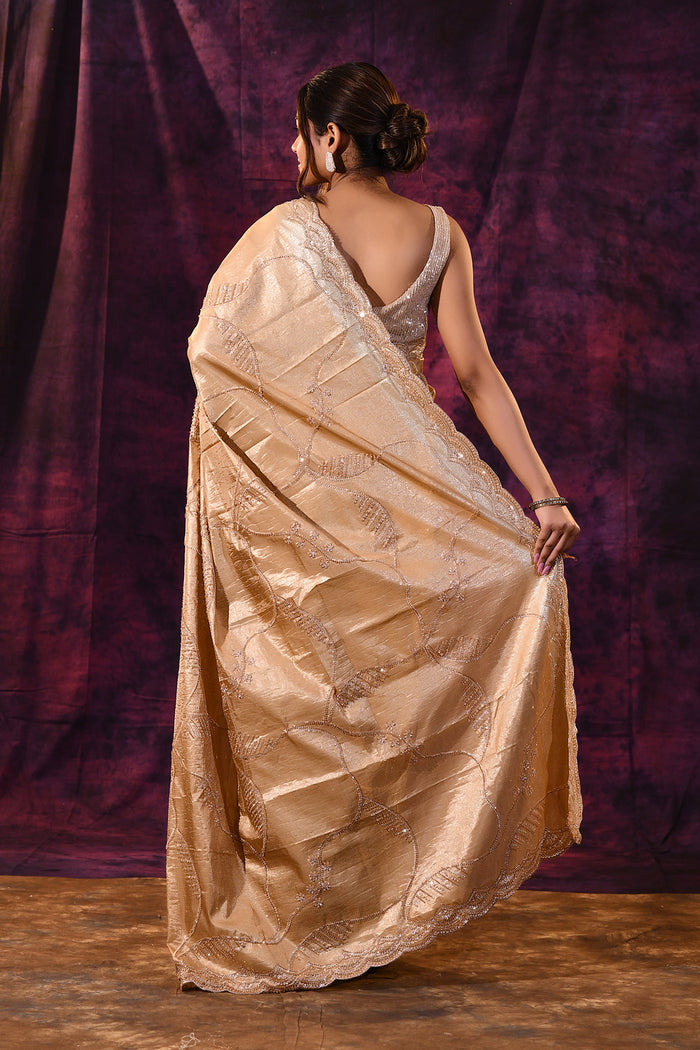 Gold Saree With All-Over Tikki Work And Scalloped Geometric Border