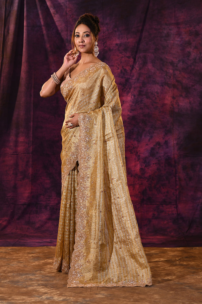 Gold Shimmer Saree With Hand Embroidered Scalloped Border Tissue Saree