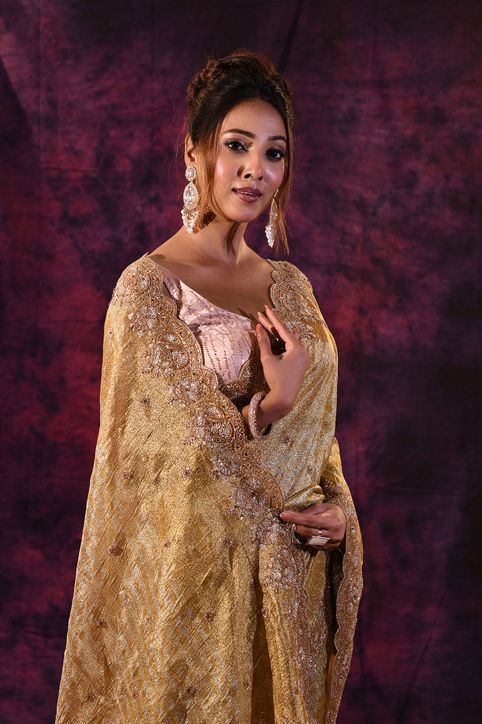 Gold Shimmer Saree With Hand Embroidered Scalloped Border Tissue Saree