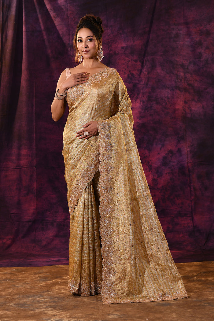 Gold Shimmer Saree With Hand Embroidered Scalloped Border Tissue Saree