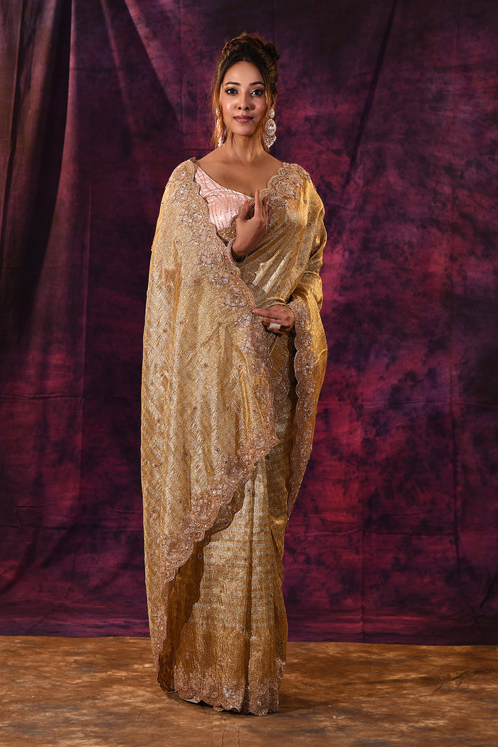 Gold Shimmer Saree With Hand Embroidered Scalloped Border Tissue Saree