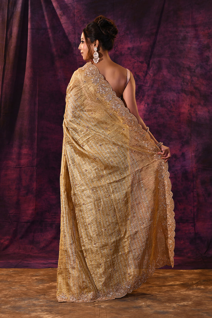Gold Shimmer Saree With Hand Embroidered Scalloped Border Tissue Saree