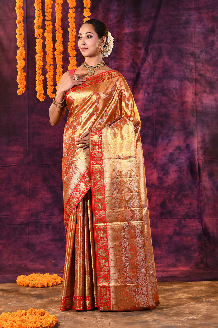 Gold With Red Contrast Shikargah Border Kanjivaram Silk Saree