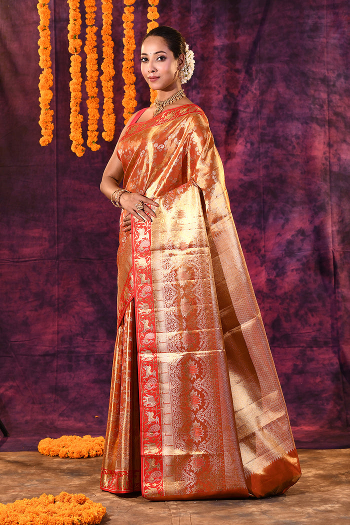Gold With Red Contrast Shikargah Border Kanjivaram Silk Saree