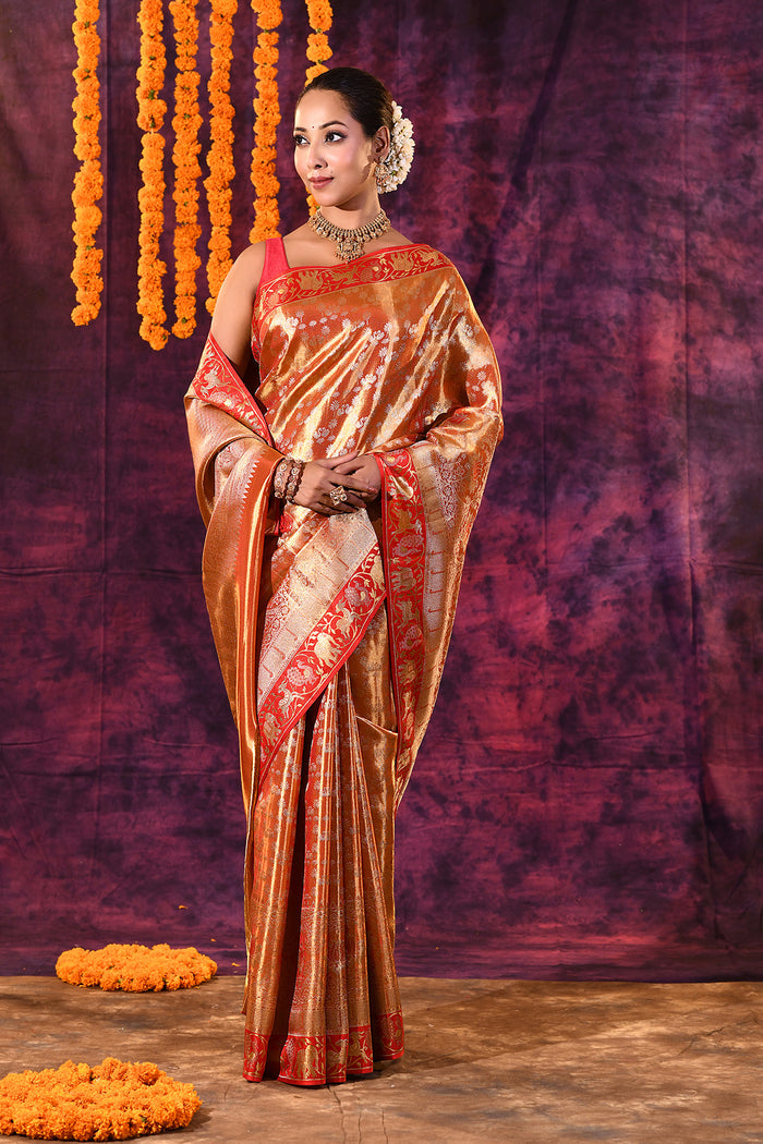 Gold With Red Contrast Shikargah Border Kanjivaram Silk Saree