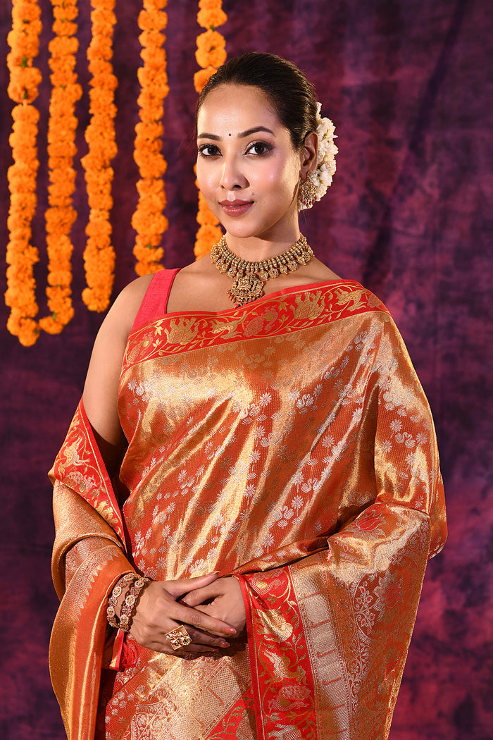 Gold With Red Contrast Shikargah Border Kanjivaram Silk Saree