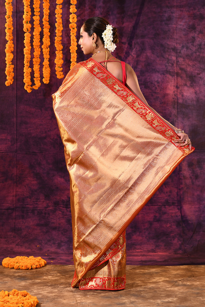 Gold With Red Contrast Shikargah Border Kanjivaram Silk Saree