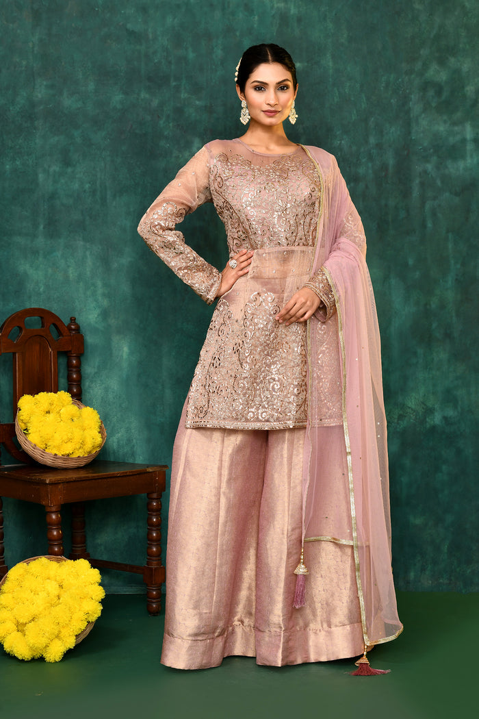 Golden Beige Organza Tissue Embroidered Sharara Set