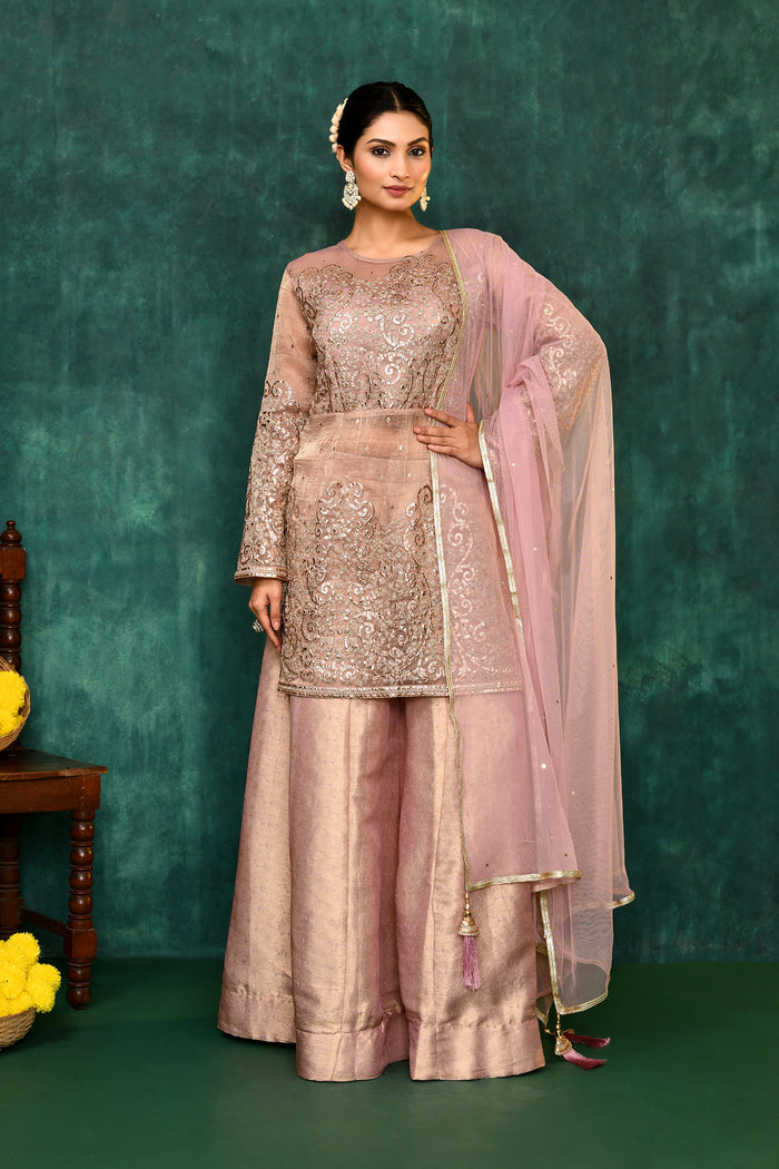 Golden Beige Organza Tissue Embroidered Sharara Set