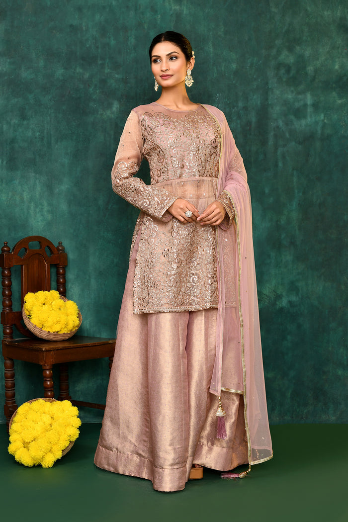 Golden Beige Organza Tissue Embroidered Sharara Set