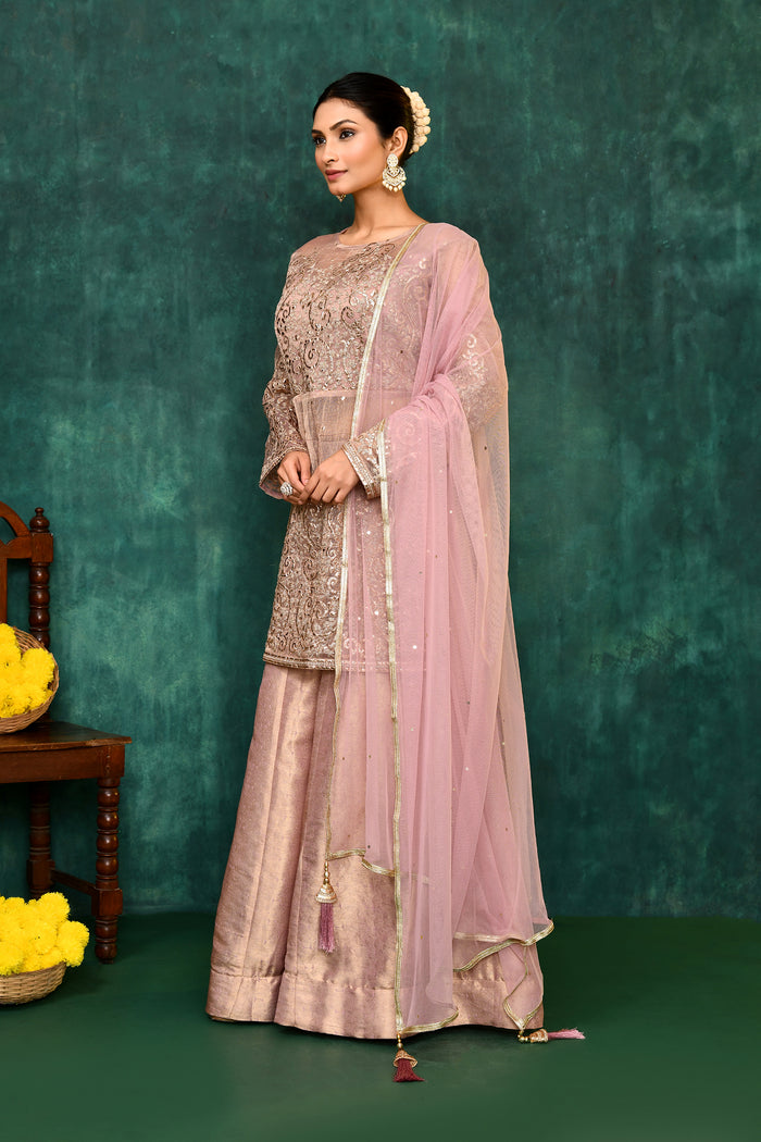 Golden Beige Organza Tissue Embroidered Sharara Set