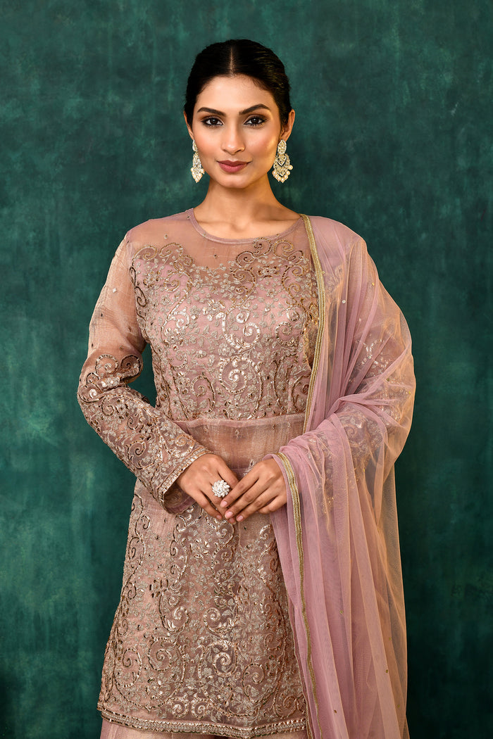 Golden Beige Organza Tissue Embroidered Sharara Set