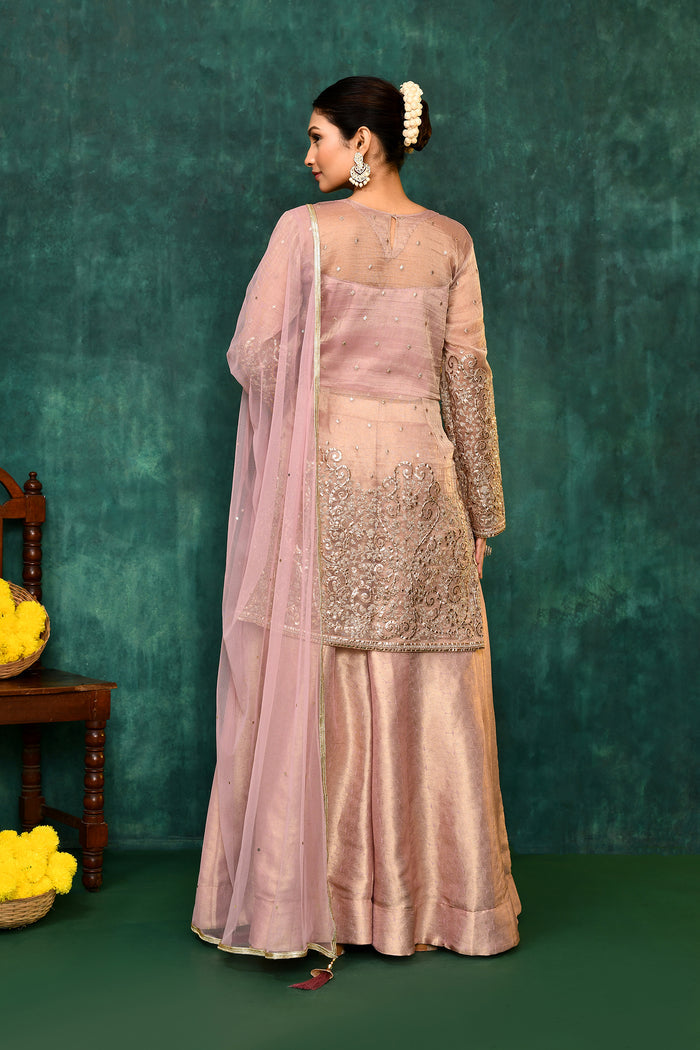 Golden Beige Organza Tissue Embroidered Sharara Set