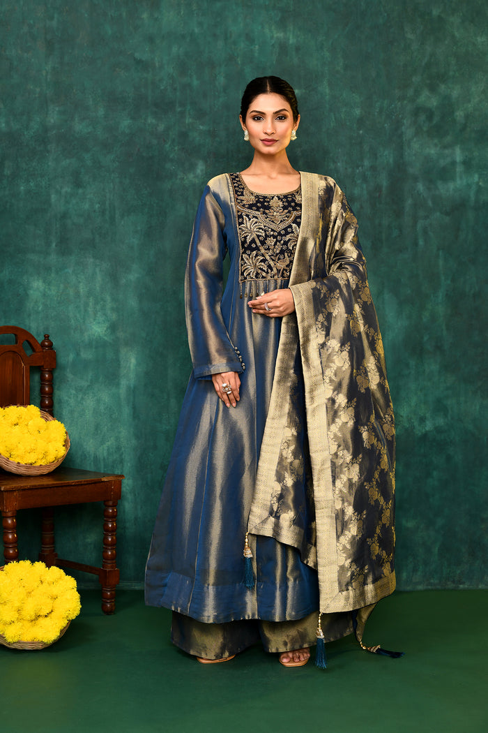 Golden Blue Tissue Silk Embroidered Kurta Set