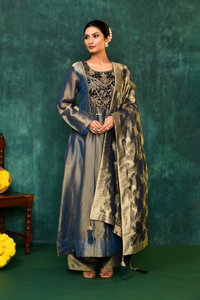 Golden Blue Tissue Silk Embroidered Kurta Set