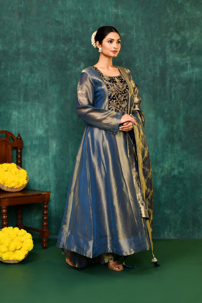 Golden Blue Tissue Silk Embroidered Kurta Set