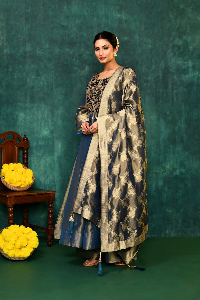 Golden Blue Tissue Silk Embroidered Kurta Set