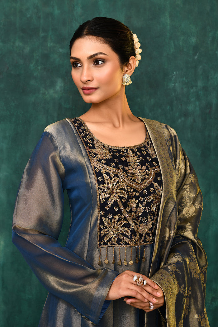 Golden Blue Tissue Silk Embroidered Kurta Set