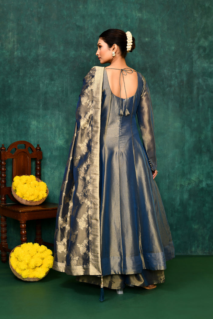 Golden Blue Tissue Silk Embroidered Kurta Set