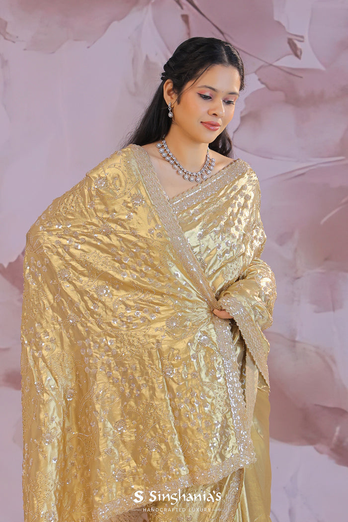 <img> Golden Fancy Tissue Saree With Sequins Work