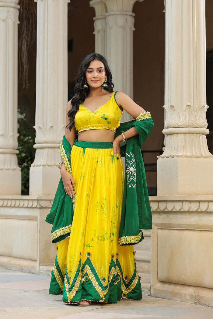 <img> Golden Fizz Yellow Chinon Shibori Lehenga Set
