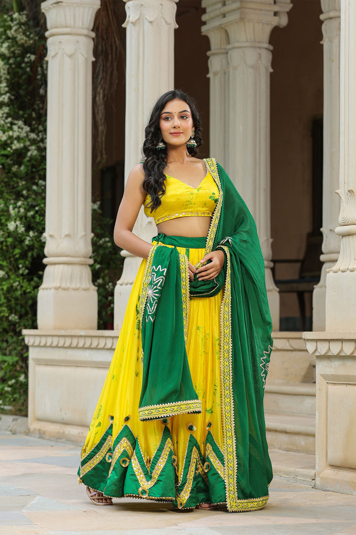 <img> Golden Fizz Yellow Chinon Shibori Lehenga Set