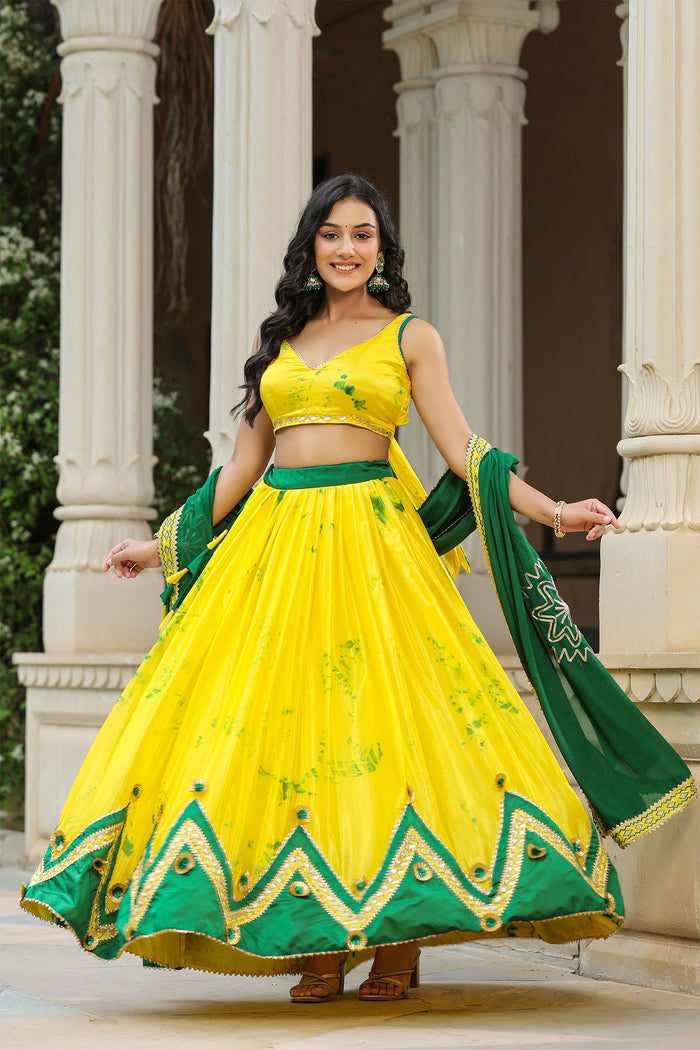 <img> Golden Fizz Yellow Chinon Shibori Lehenga Set