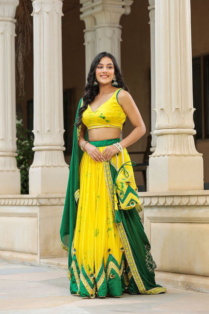 <img> Golden Fizz Yellow Chinon Shibori Lehenga Set