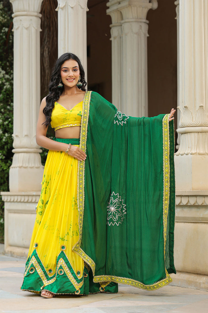 <img> Golden Fizz Yellow Chinon Shibori Lehenga Set