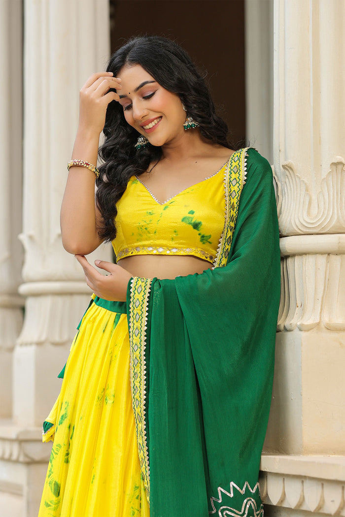 <img> Golden Fizz Yellow Chinon Shibori Lehenga Set