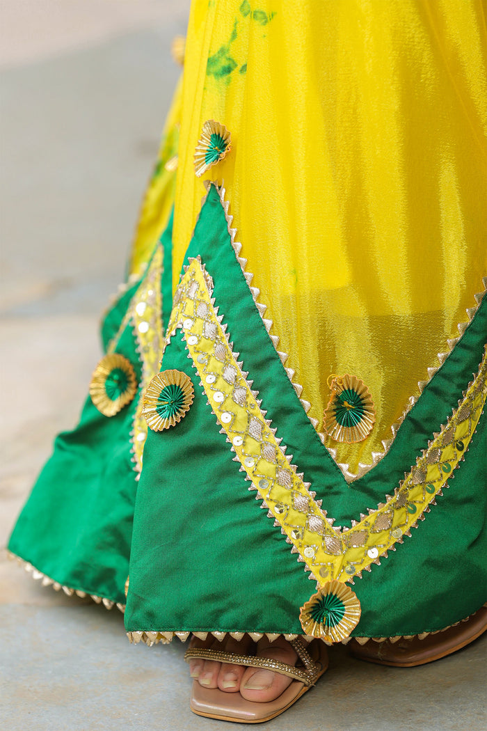 <img> Golden Fizz Yellow Chinon Shibori Lehenga Set