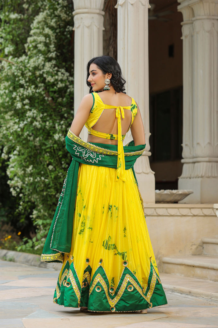 <img> Golden Fizz Yellow Chinon Shibori Lehenga Set