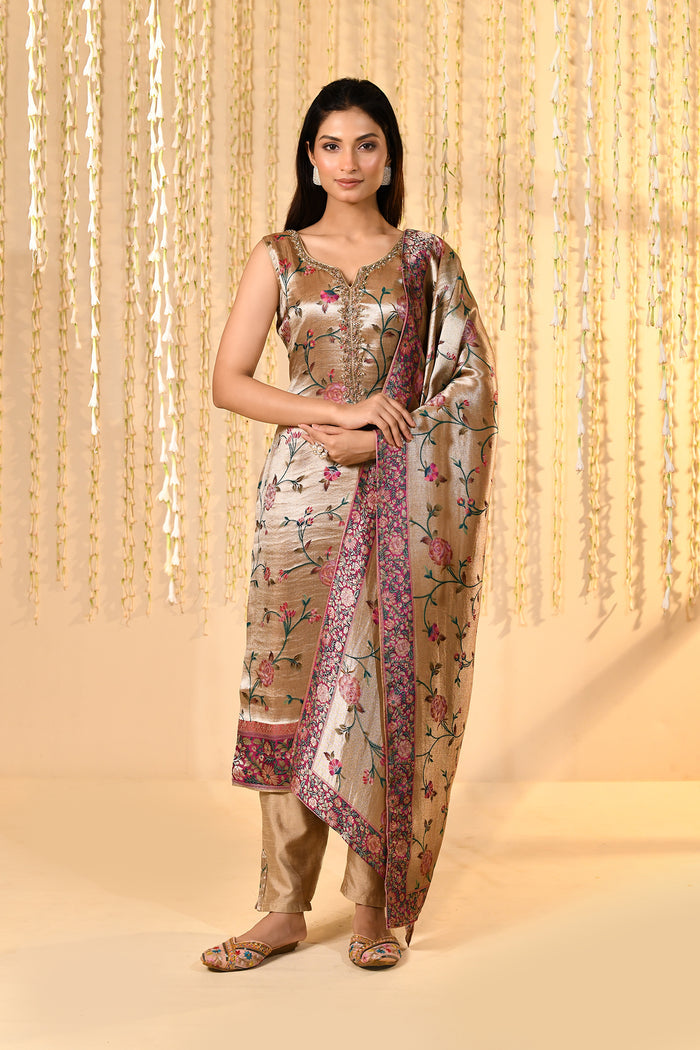 Golden Floral Woven Tissue Kurta Set