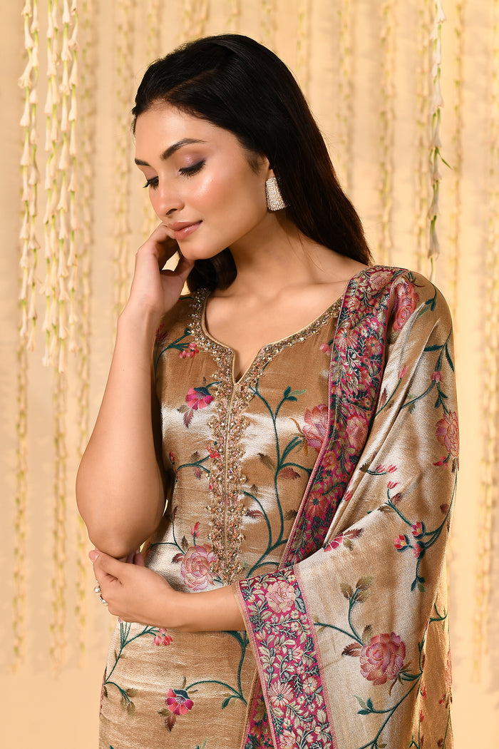 Golden Floral Woven Tissue Kurta Set