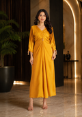 Golden Mustard Chinon Silk Gown With Tassel Cuffs
