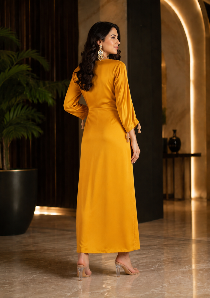 Golden Mustard Chinon Silk Gown With Tassel Cuffs