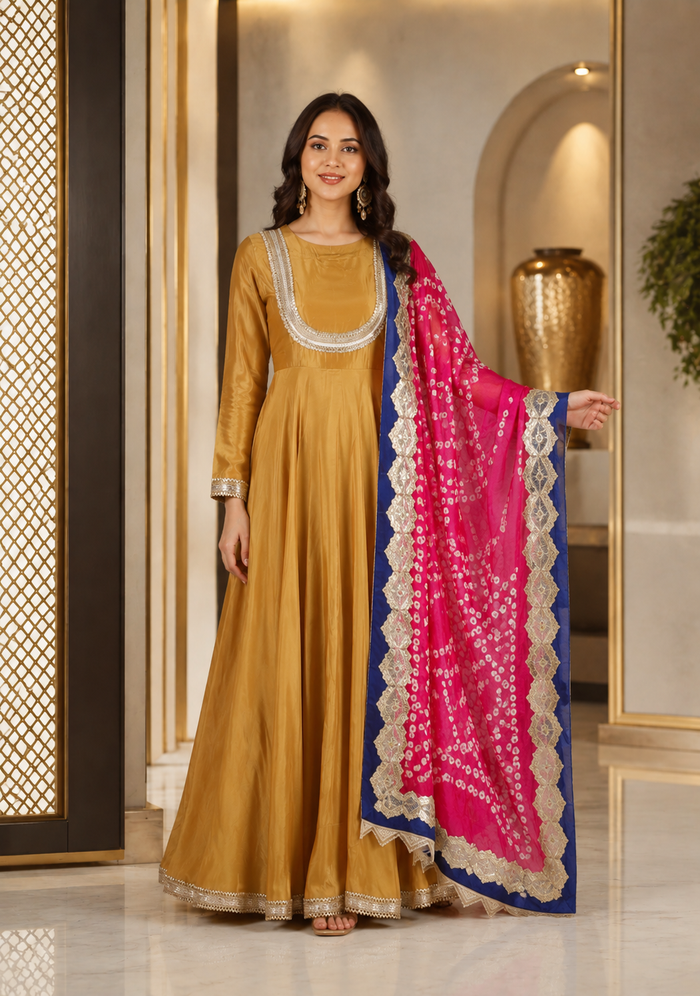 Golden Mustard Silk Anarkali With Bandhani Dupatta