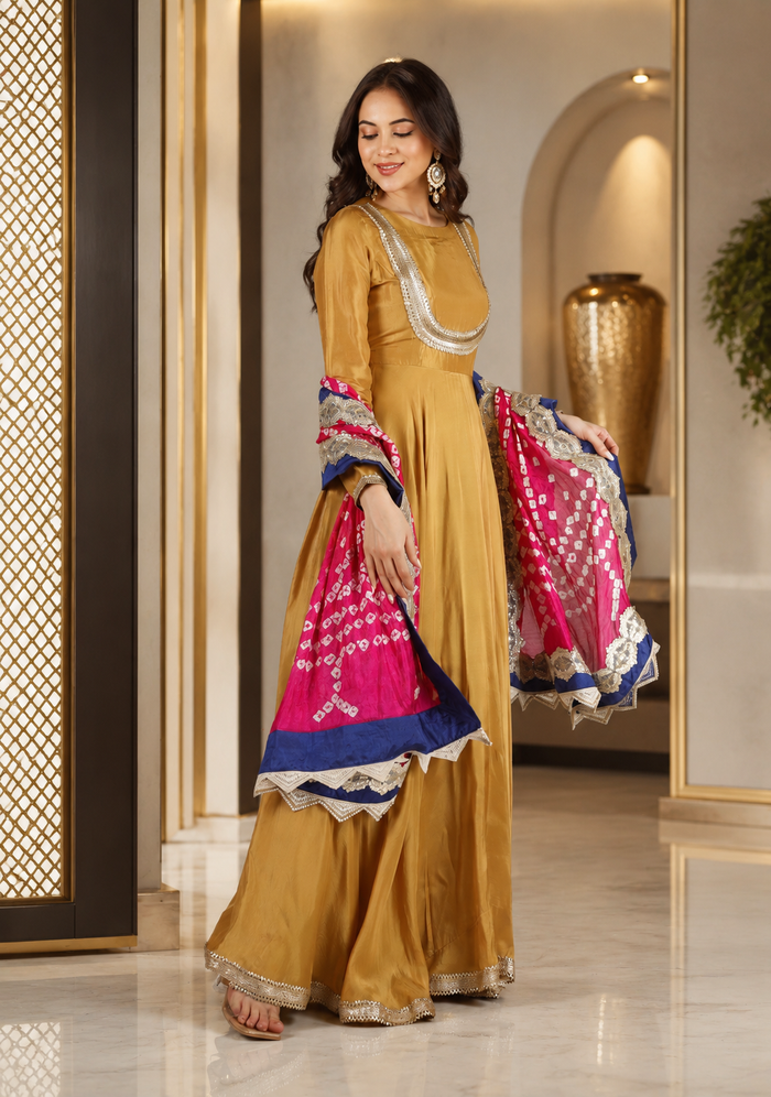 Golden Mustard Silk Anarkali With Bandhani Dupatta