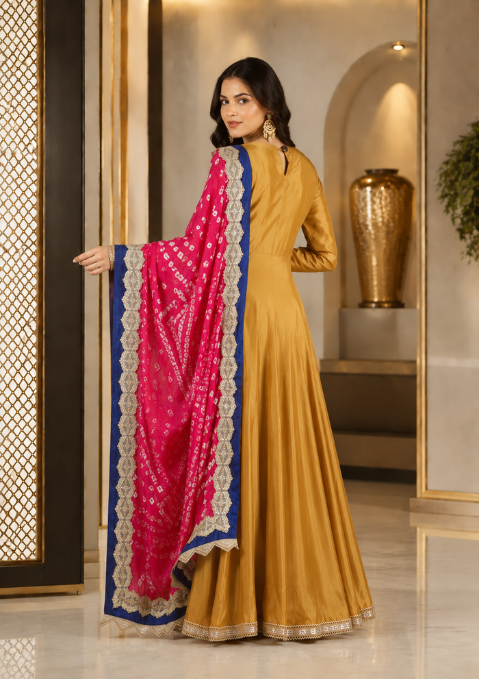 Golden Mustard Silk Anarkali With Bandhani Dupatta